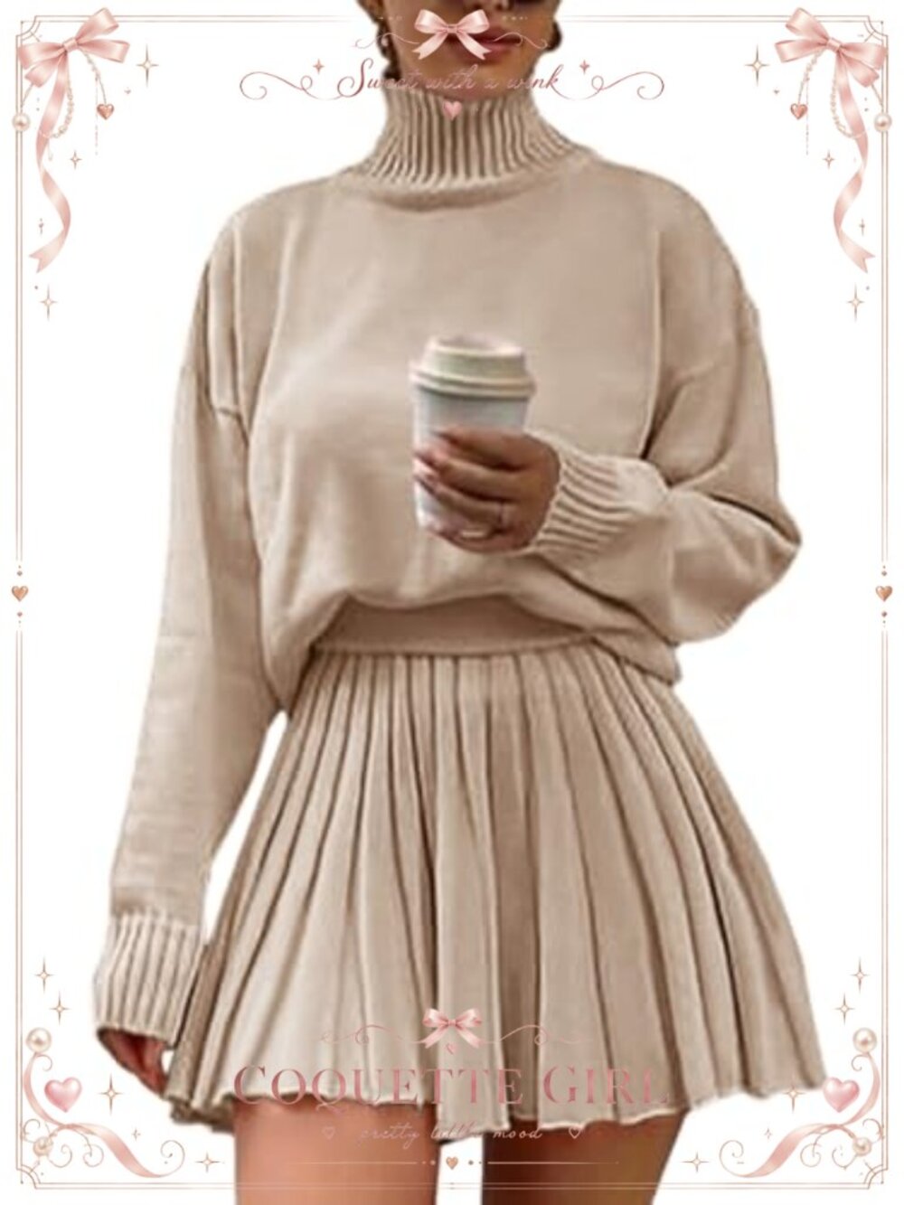Turtleneck Sweater and Pleated Mini Skirt Two Piece Set